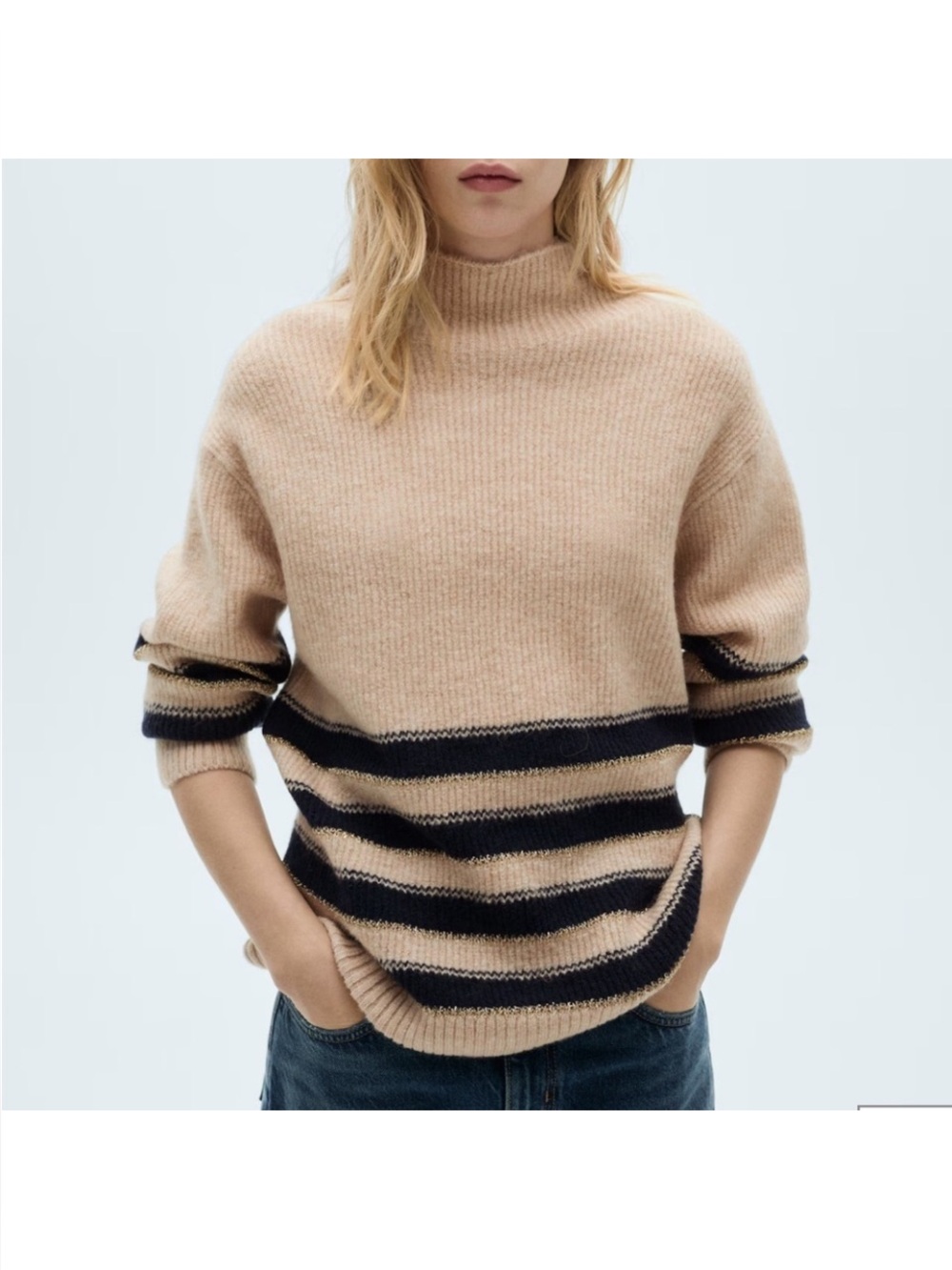 Mango Beige and Black Striped Turtleneck Sweater